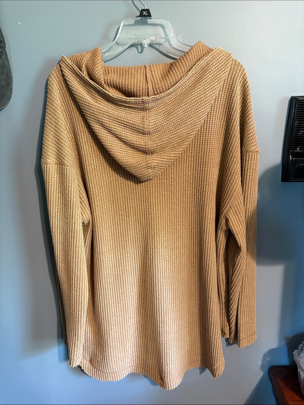 Waffle Knit Hooded Button-Up Top in Camel with Velvet Trim - Picture 3 of 3